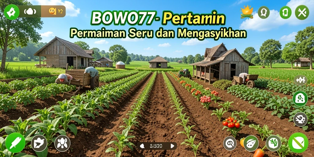 Tampilan gameplay BOWO77 dengan pertanian yang indah dan beragam aktivitas.