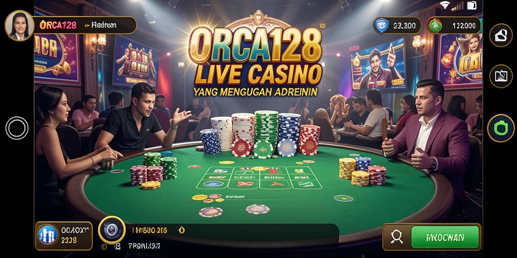 Screenshot ORCA128 menunjukkan dealer dan pemain berinteraksi dalam permainan Live Casino.