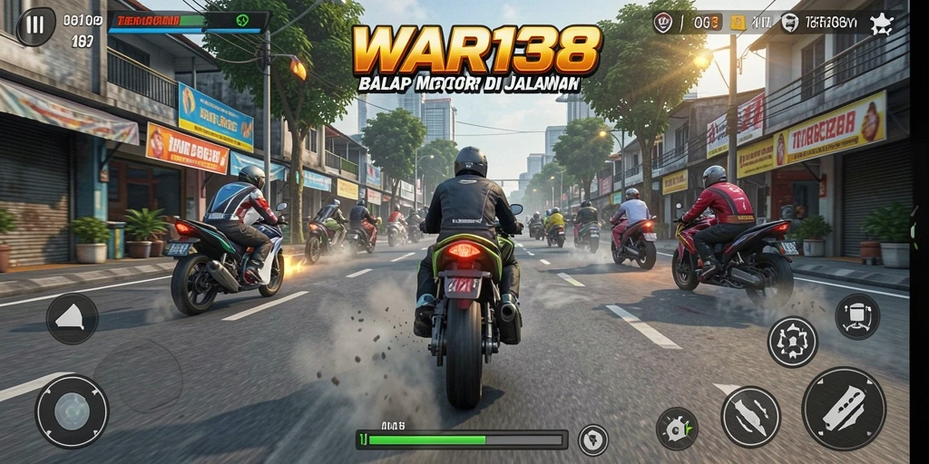 Tampilan gameplay WAR138 yang menegangkan saat balapan motor di jalanan.